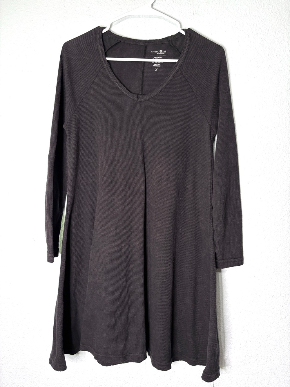 Natural Life Black Waffle Knit V Neck Tunic Dress Top S
